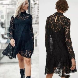 HM Conscious Black Lace Longsleeves Dress Lace Stand-up Collar Dress Asymmetric